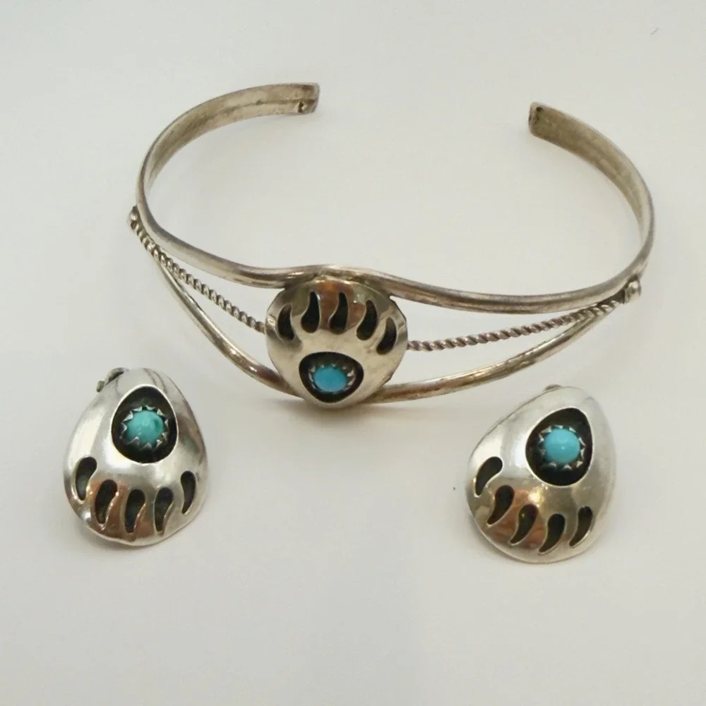 Vtg Sterling Silver 925 Southwest Turquoise Bear Paw Cuff Earrings Set Lot READ